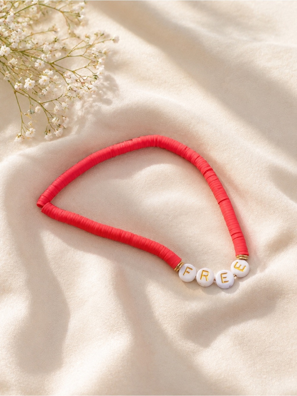 Kids Red Bead Name Necklace - FRE E Letter Design